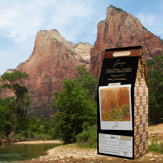 Single-origin specialty coffee from Guatemala in collectible GEORGE National Parks Collection packaging by Official Fellow Citizen. Zion canyon landscape in background. - Certified by Mintall.