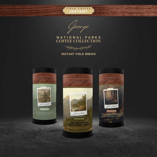 GEORGE: National Parks Coffee Collection | Field Collection | Complete set. 3 tubes show singe origin instant coffee, mushroom coffee, and ceremonial matcha powder. - Certified by Mintall.
