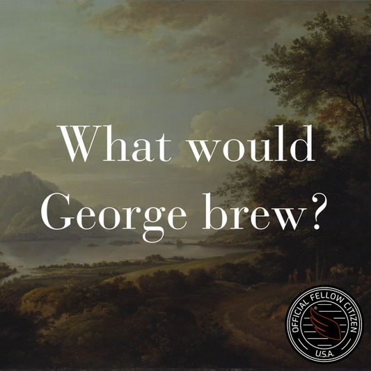 Historic painting of American landscape "What would George brew?" with the Official Fellow Citizen USA seal for George Specialty Coffee