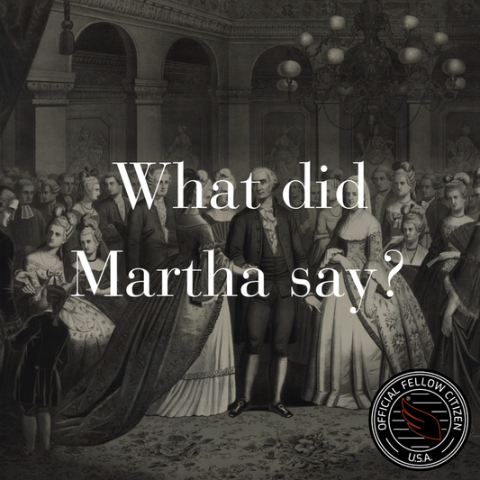 Historic image of George Washington and wife, Martha inside a ballroom with guests looking towards them. "What did Martha say?" about George specialty coffee.