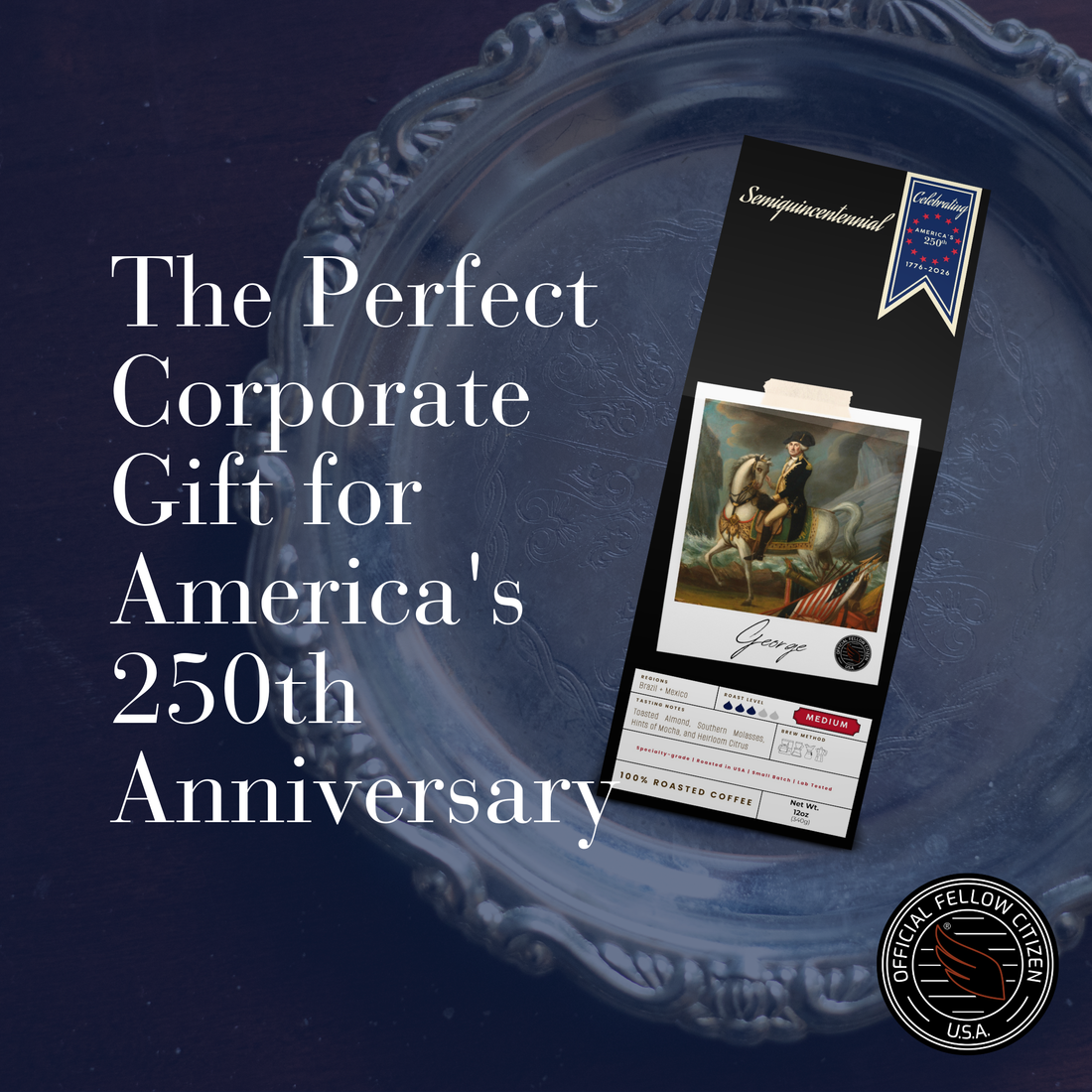 GEORGE specialty coffee bags arranged as a corporate gift presentation on a silver platter with American heritage styling