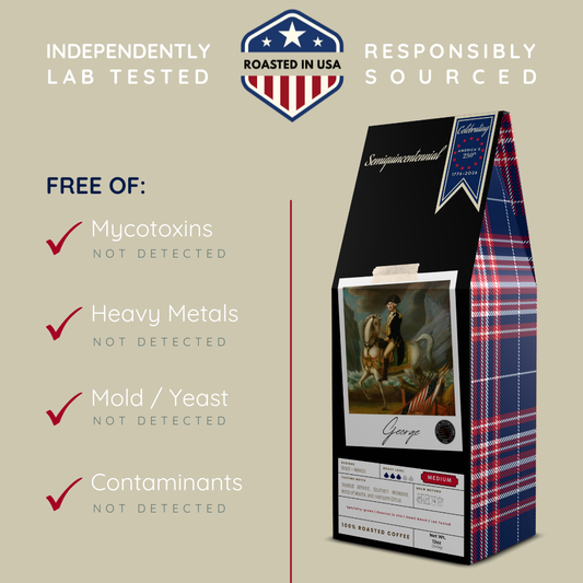 GEORGE coffee independently lab tested by FoodChain ID — PJLA accredited, ILAC-MRA recognized. Full mycotoxin and heavy metals panel, all compounds Not Detected.