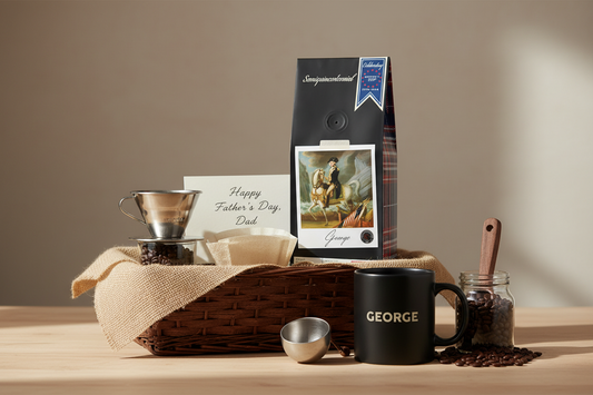 Father's Day Gift Basket with a Bag of George Specialty Coffe, a black mug and coffee accessories.