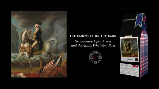 The paintings on the bags. Six Smithsonian Open Access works on Official Fellow Citizen coffee, hero image for the George Semiquincentennial Gallery Collection.