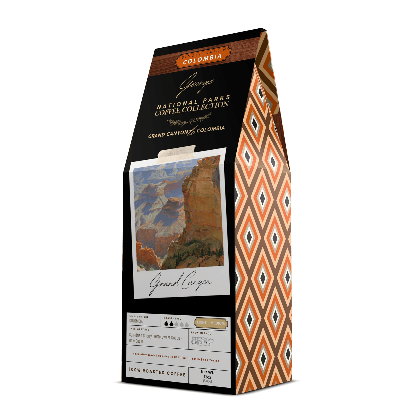 Single-origin specialty coffee from Colombia in collectible GEORGE National Parks Collection packaging by Official Fellow Citizen. Gift ready package front. - Certified by Mintall.