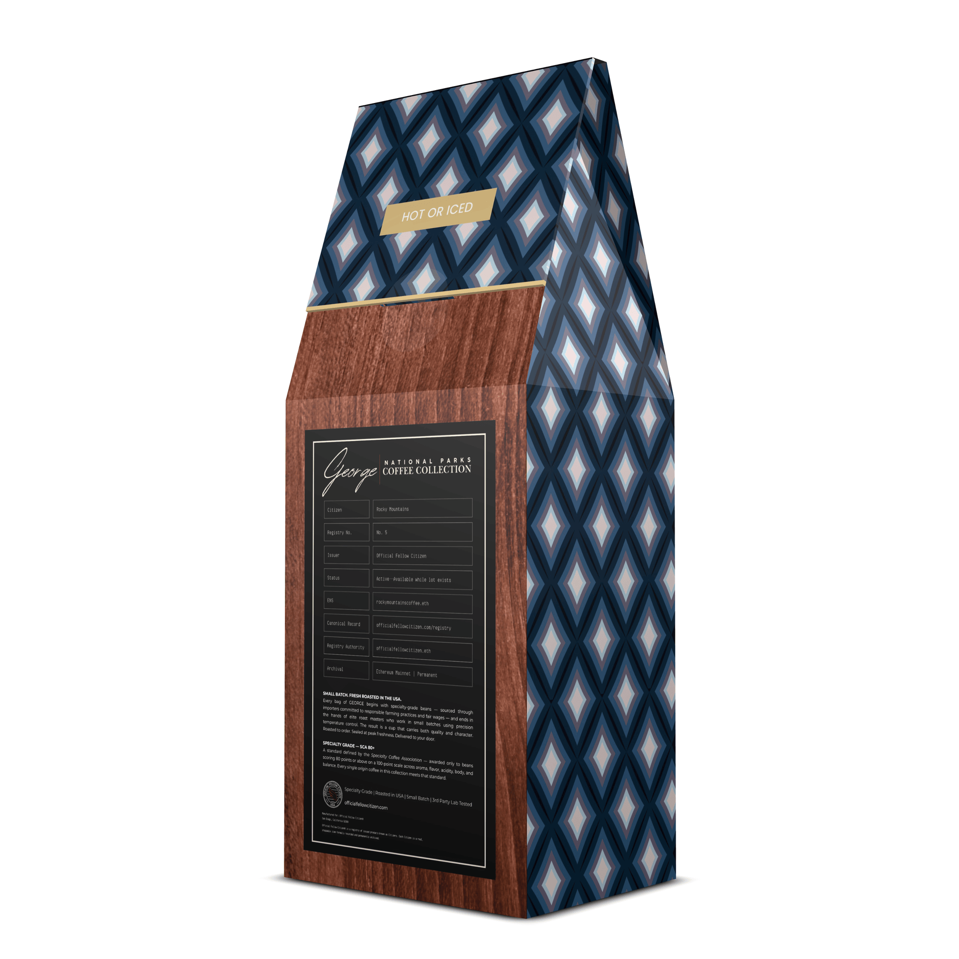 Single-origin specialty coffee from Brazil in collectible GEORGE National Parks Collection packaging by Official Fellow Citizen. Gift ready package back - Certified by Mintall.