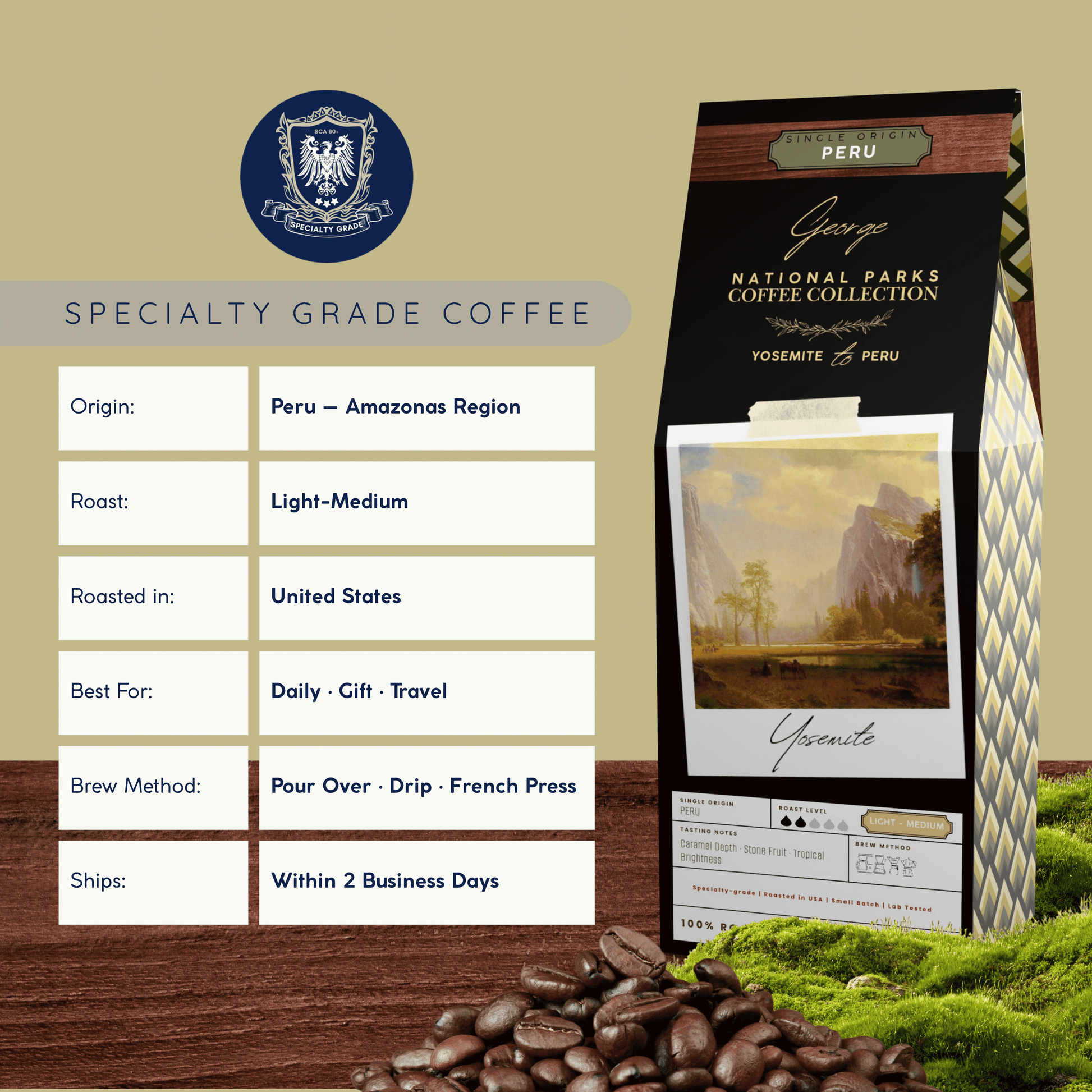 Single-origin specialty coffee from Peru in collectible GEORGE National Parks Collection packaging by Official Fellow Citizen. Specifications. - Certified by Mintall.