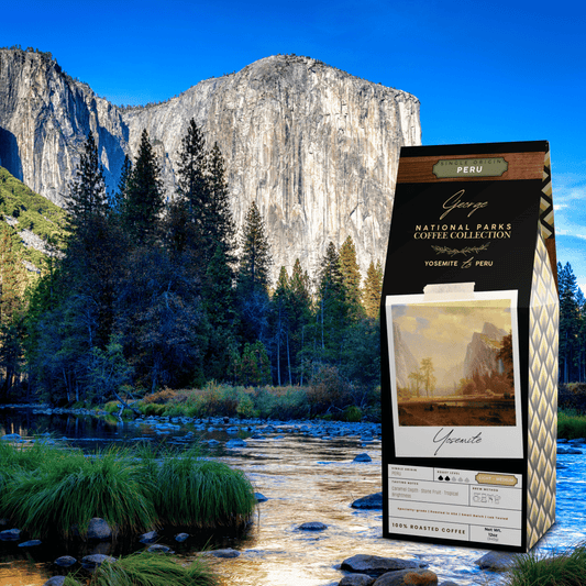 Single-origin specialty coffee from Peru in collectible GEORGE National Parks Collection packaging by Official Fellow Citizen. Yosemite park mountain scene in background. - Certified by Mintall.
