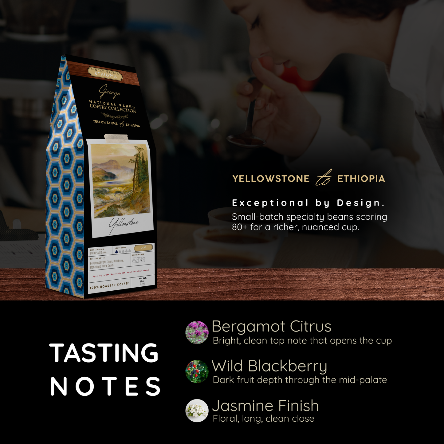 Single-origin specialty coffee from Ethiopia Sidama in collectible GEORGE National Parks Collection packaging by Official Fellow Citizen. Graphic of tasting notes showing bergamot citrus wild blackberry and jasmine finis - Certified by Mintall.