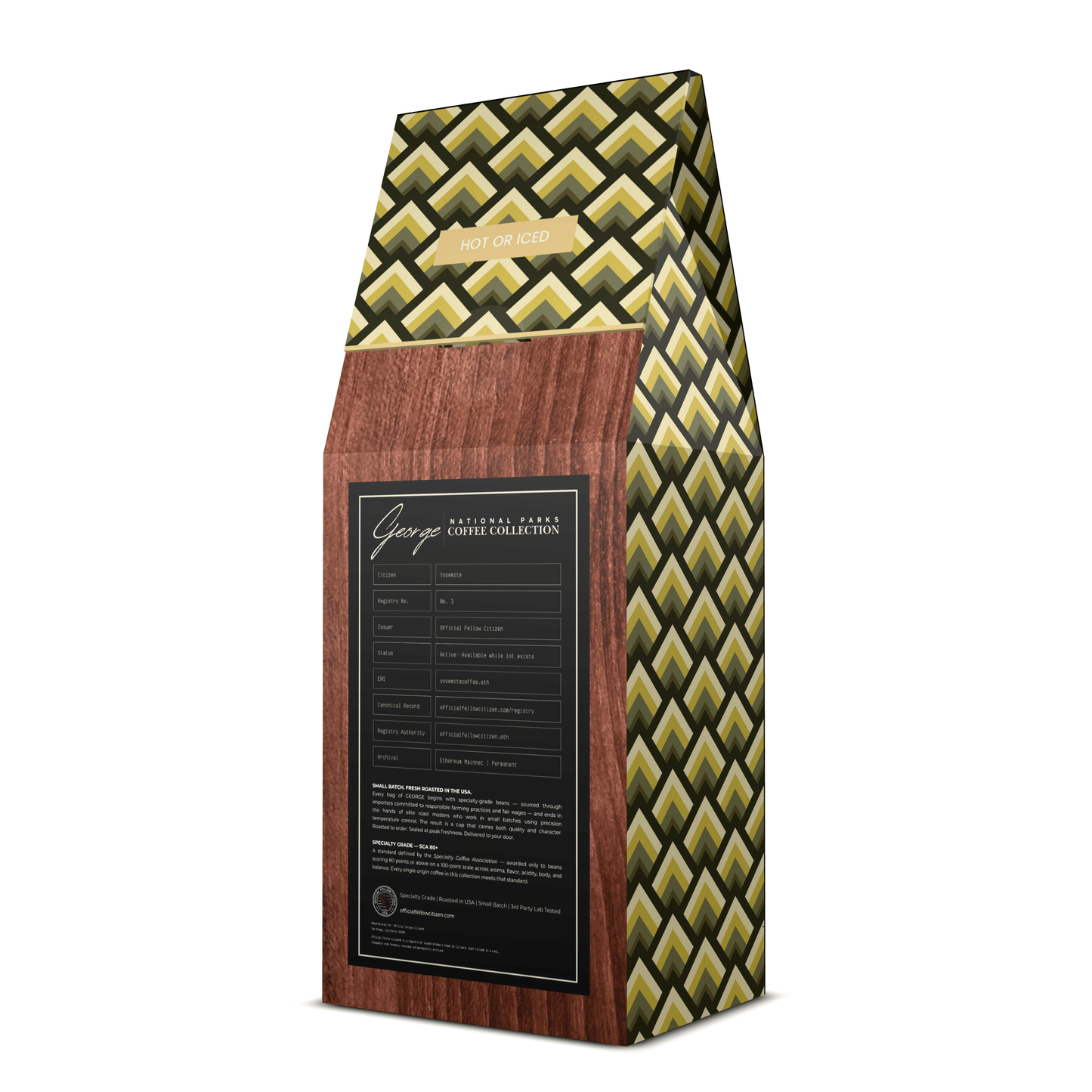 Single-origin specialty coffee from Peru in collectible GEORGE National Parks Collection packaging by Official Fellow Citizen. Gift ready package back. - Certified by Mintall.
