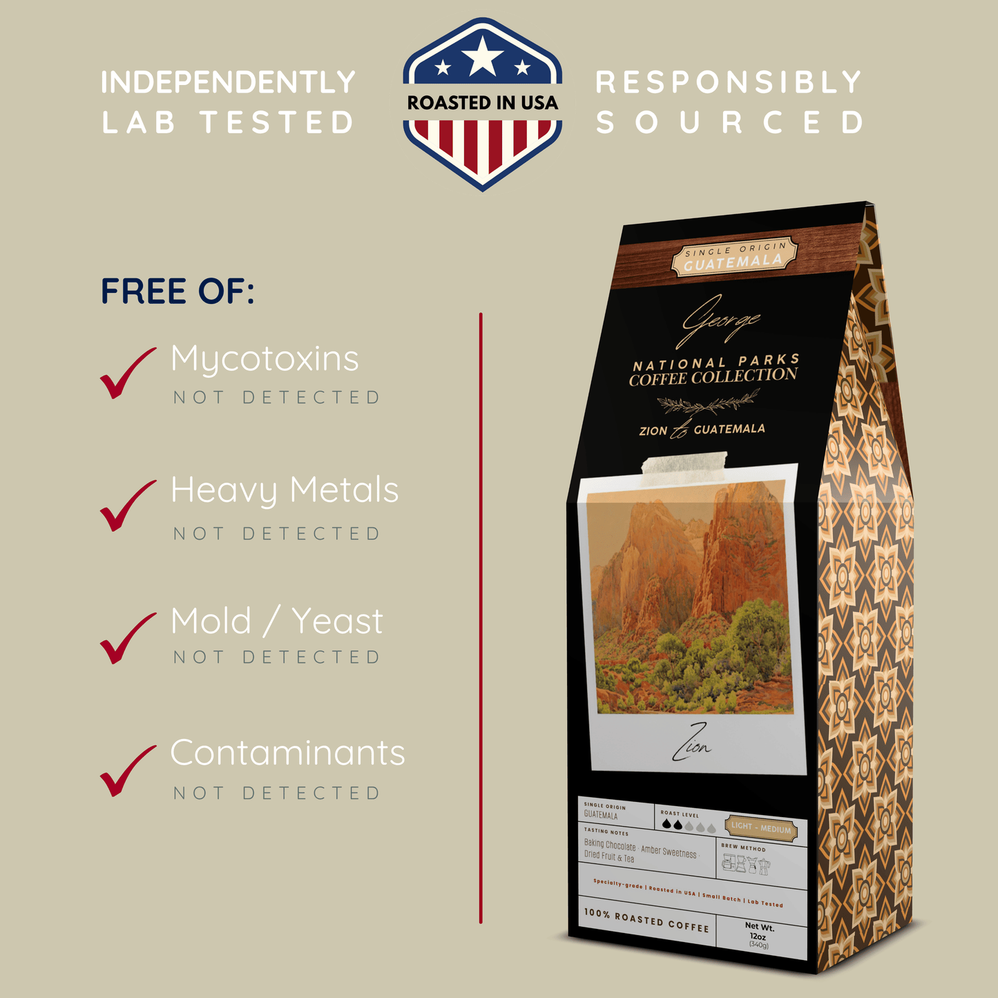 Graphic showing GEORGE Guatemala coffee independently lab tested and free of mycotoxins, heavy metals, mold, yeast, and contaminants. Roasted in USA - Certified by Mintall.