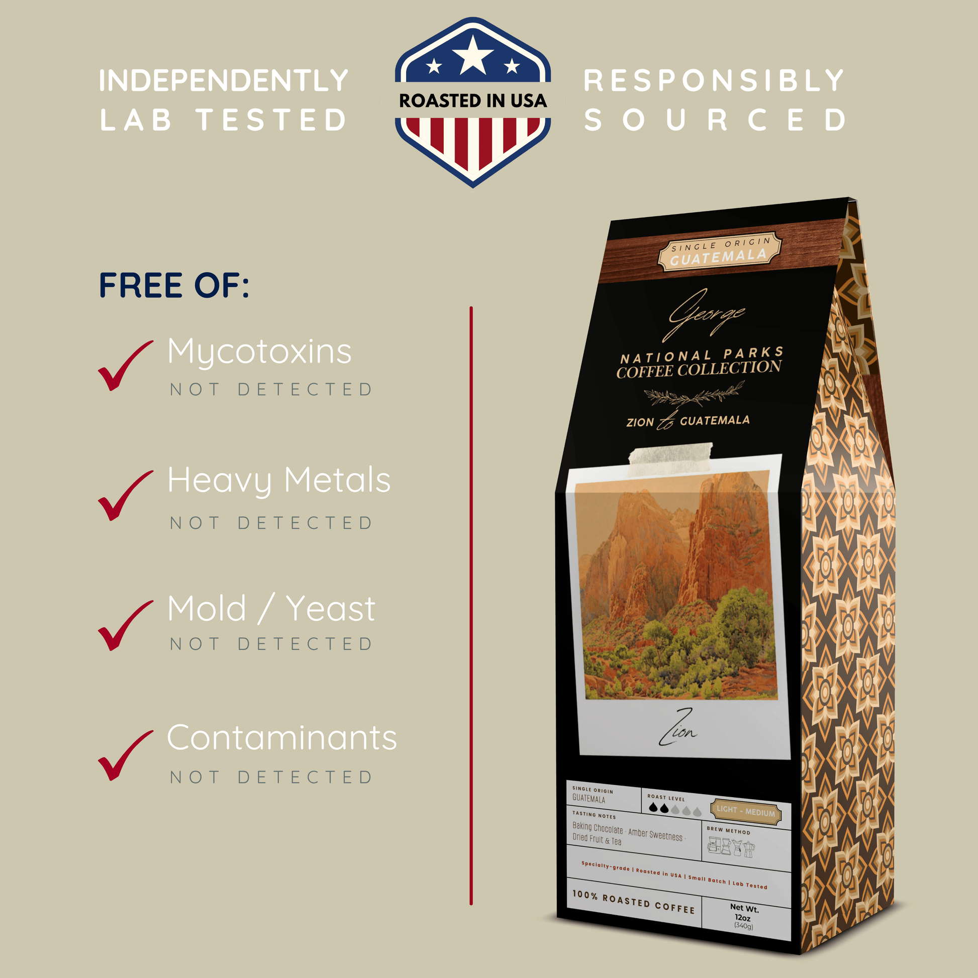 Graphic showing GEORGE Guatemala coffee independently lab tested and free of mycotoxins, heavy metals, mold, yeast, and contaminants. Roasted in USA - Certified by Mintall.