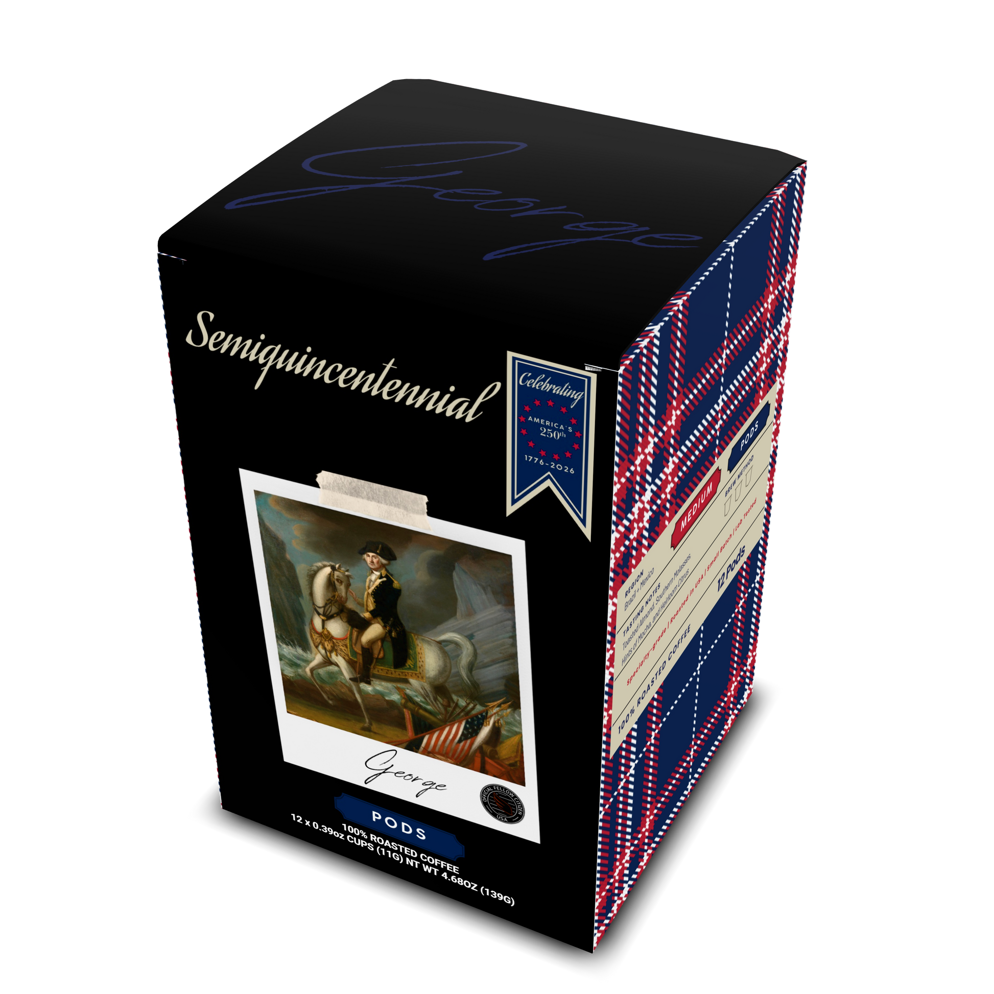 GEORGE specialty-grade coffee in limited-edition commemorative gift-ready packaging featuring George Washington for America’s 250th anniversary. Keurig compatible single serve PODS - Certified by Mintall.