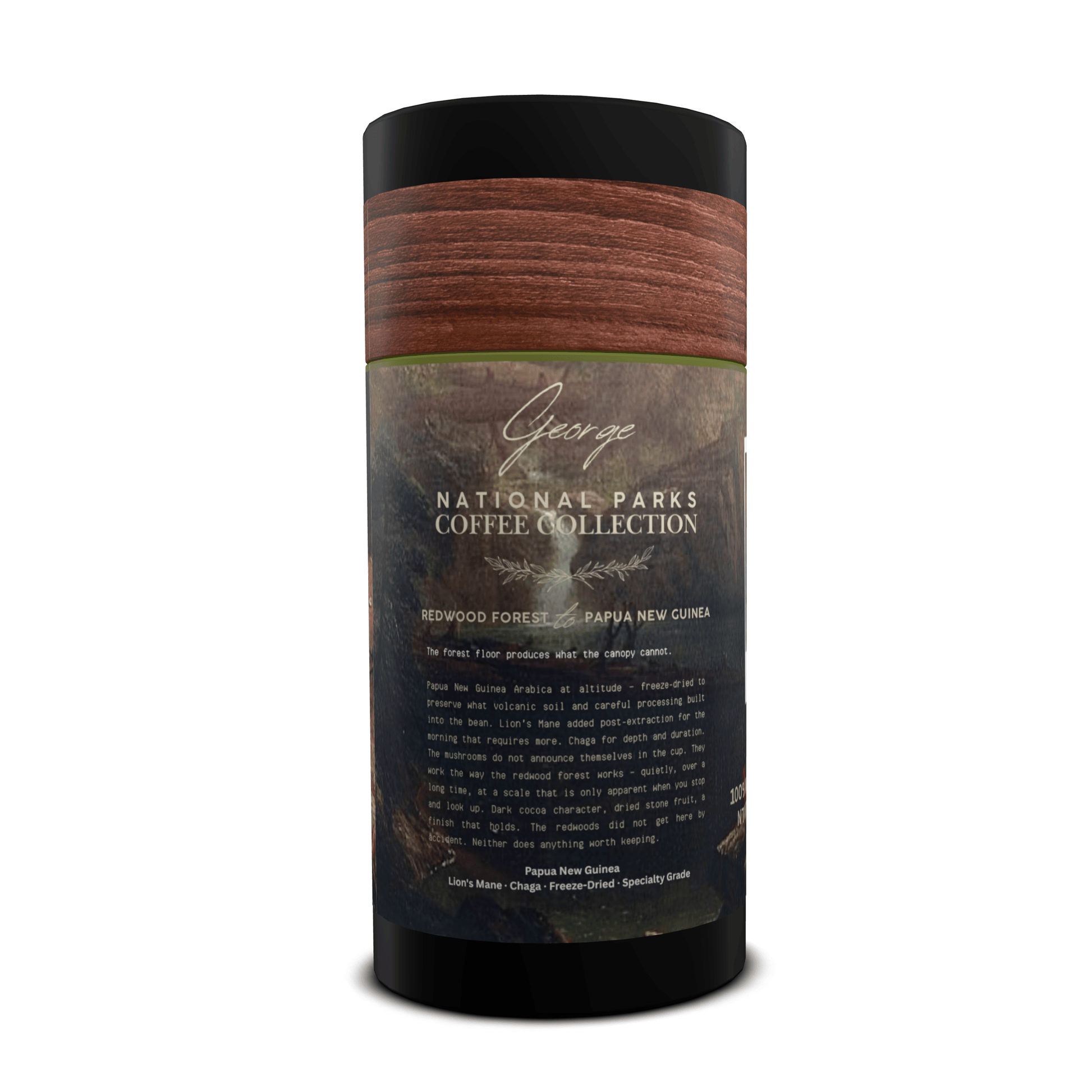 Mushroom coffee with lion’s mane and chaga from Papua New Guinea in collectible GEORGE National Parks Collection tube packaging by Official Fellow Citizen. Back. - Certified by Mintall.