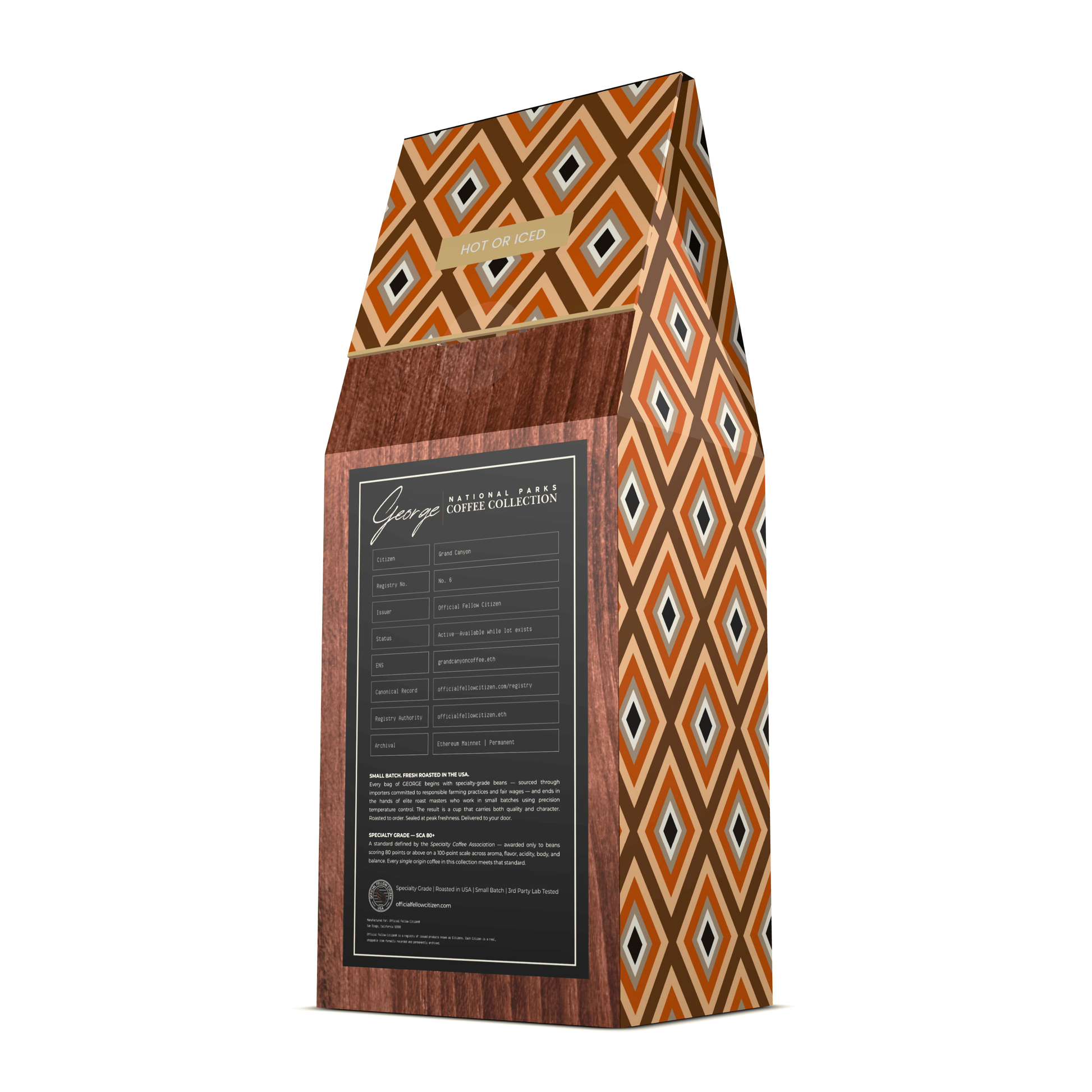 Single-origin specialty coffee from Colombia in collectible GEORGE National Parks Collection packaging by Official Fellow Citizen. Gift ready back. - Certified by Mintall.