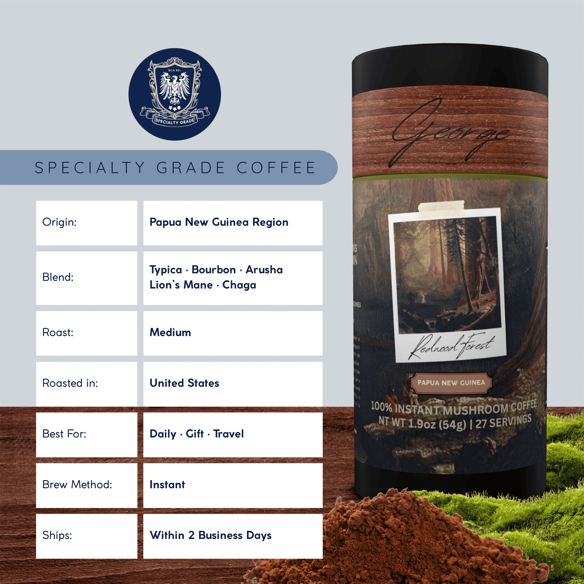 Mushroom coffee with lion’s mane and chaga from Papua New Guinea in collectible GEORGE National Parks Collection tube packaging by Official Fellow Citizen. Specifications. - Certified by Mintall.