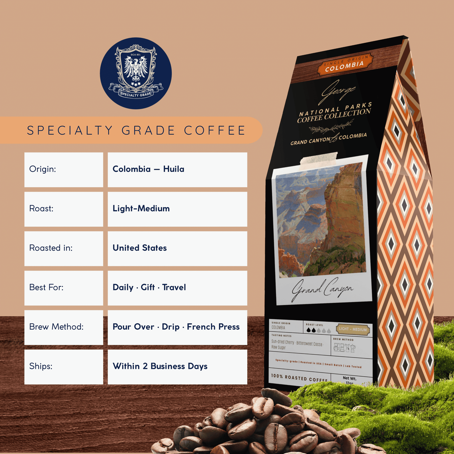 Single-origin specialty coffee from Colombia in collectible GEORGE National Parks Collection packaging by Official Fellow Citizen. Specifications. - Certified by Mintall.