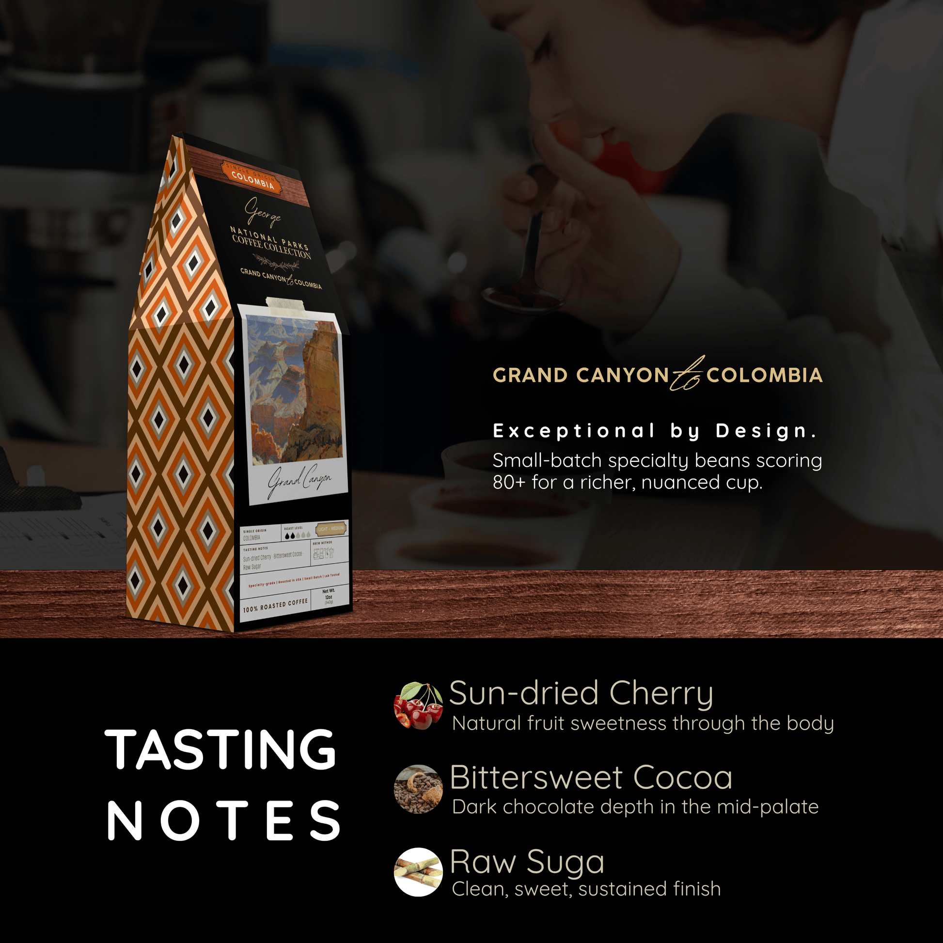 Single-origin specialty coffee from Colombia in collectible GEORGE National Parks Collection packaging by Official Fellow Citizen. Graphic of tasting notes: sun-dried cherry, bittersweet cocoa, raw sugar. - Certified by Mintall.