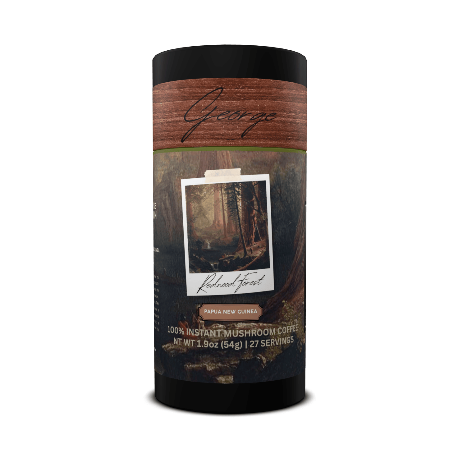 Mushroom coffee with lion’s mane and chaga from Papua New Guinea in collectible GEORGE National Parks Collection tube packaging by Official Fellow Citizen. Front. - Certified by Mintall.