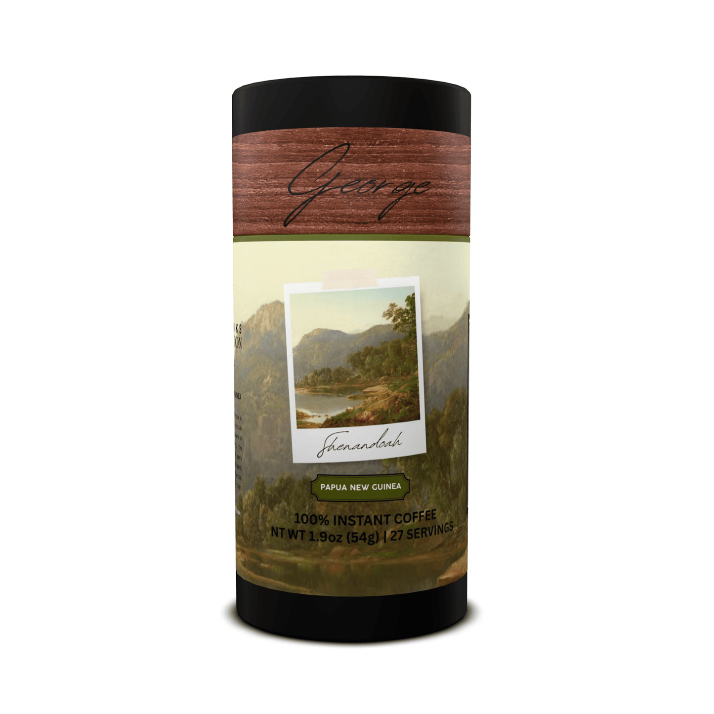 Specialty instant coffee from Papua New Guinea in collectible GEORGE National Parks Collection tube packaging by Official Fellow Citizen. Product front. - Certified by Mintall.