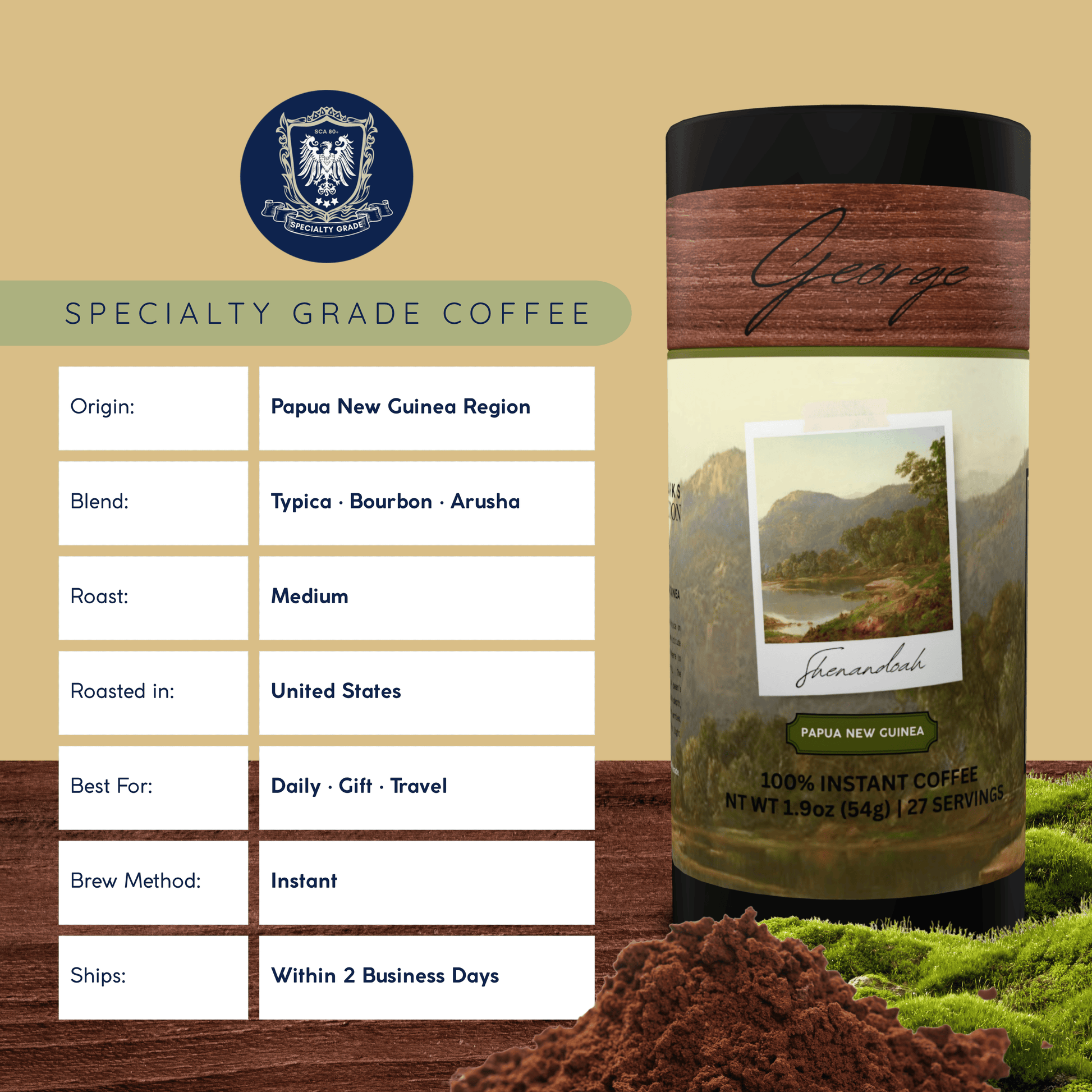 Specialty instant coffee from Papua New Guinea in collectible GEORGE National Parks Collection packaging by Official Fellow Citizen. Specifications. - Certified by Mintall.