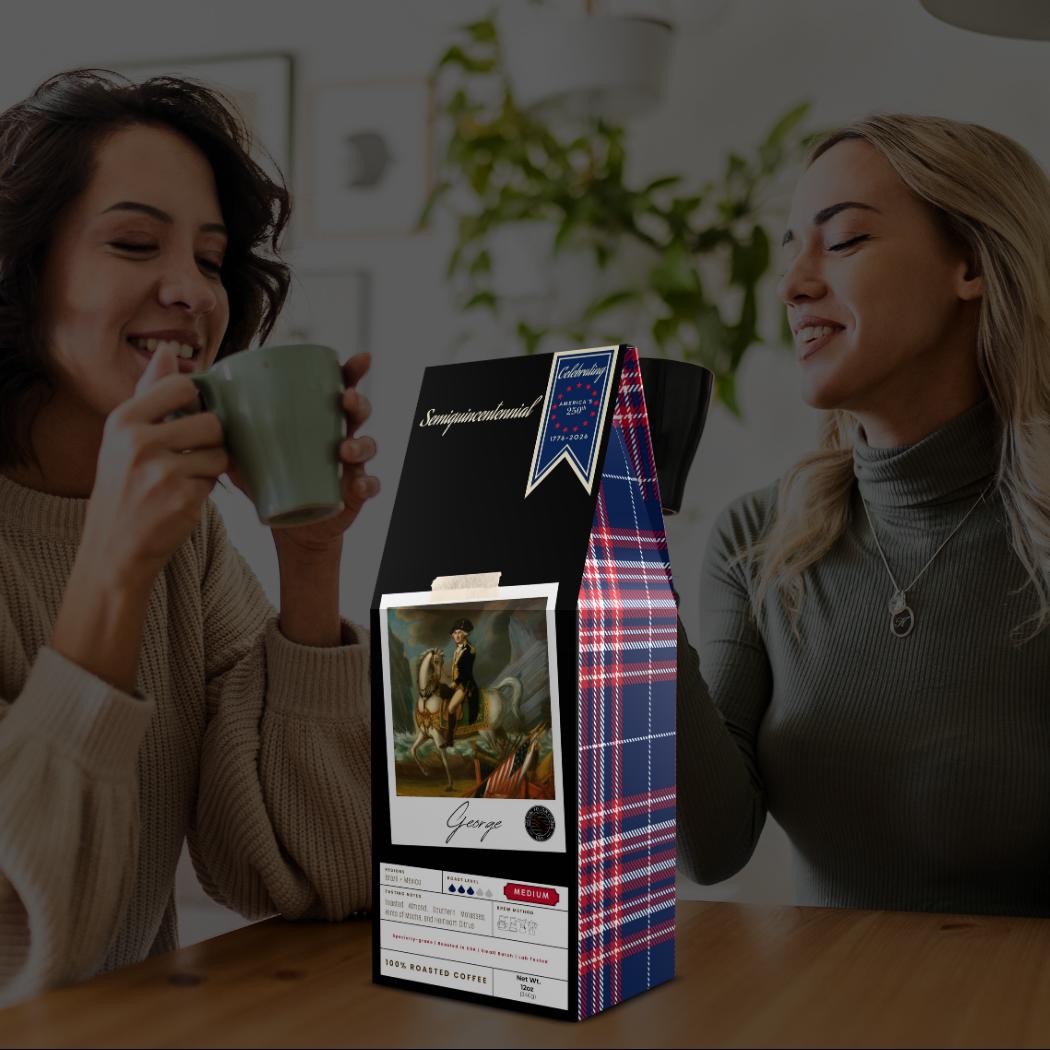 GEORGE specialty-grade coffee in limited-edition commemorative gift-ready packaging featuring George Washington for America’s 250th anniversary. Two women enjoying a cup of George. - Certified by Mintall.
