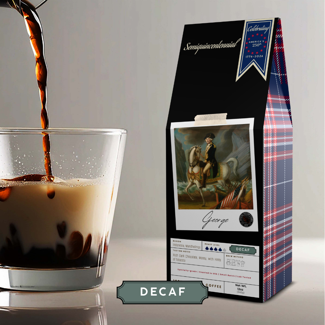 Image of iced decaf coffee with a box of George coffee celebrating "America's 250th Semiquincentennial"
