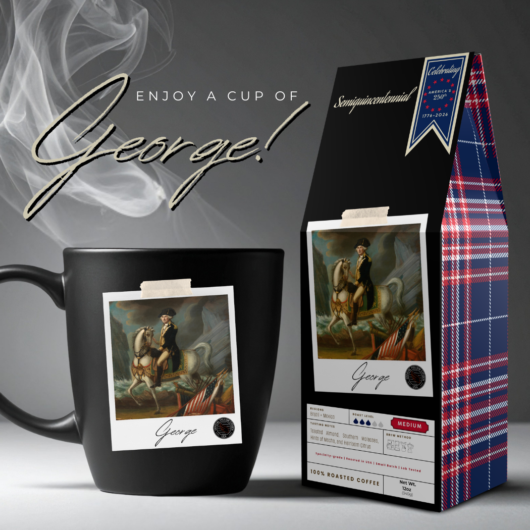 Photorealistic image of a black coffee mug and box of George coffee "Enjoy a cup of George!" A Polaroid framed portrait of George Washington on his horse and the "Official Fellow Citizen" seal. 