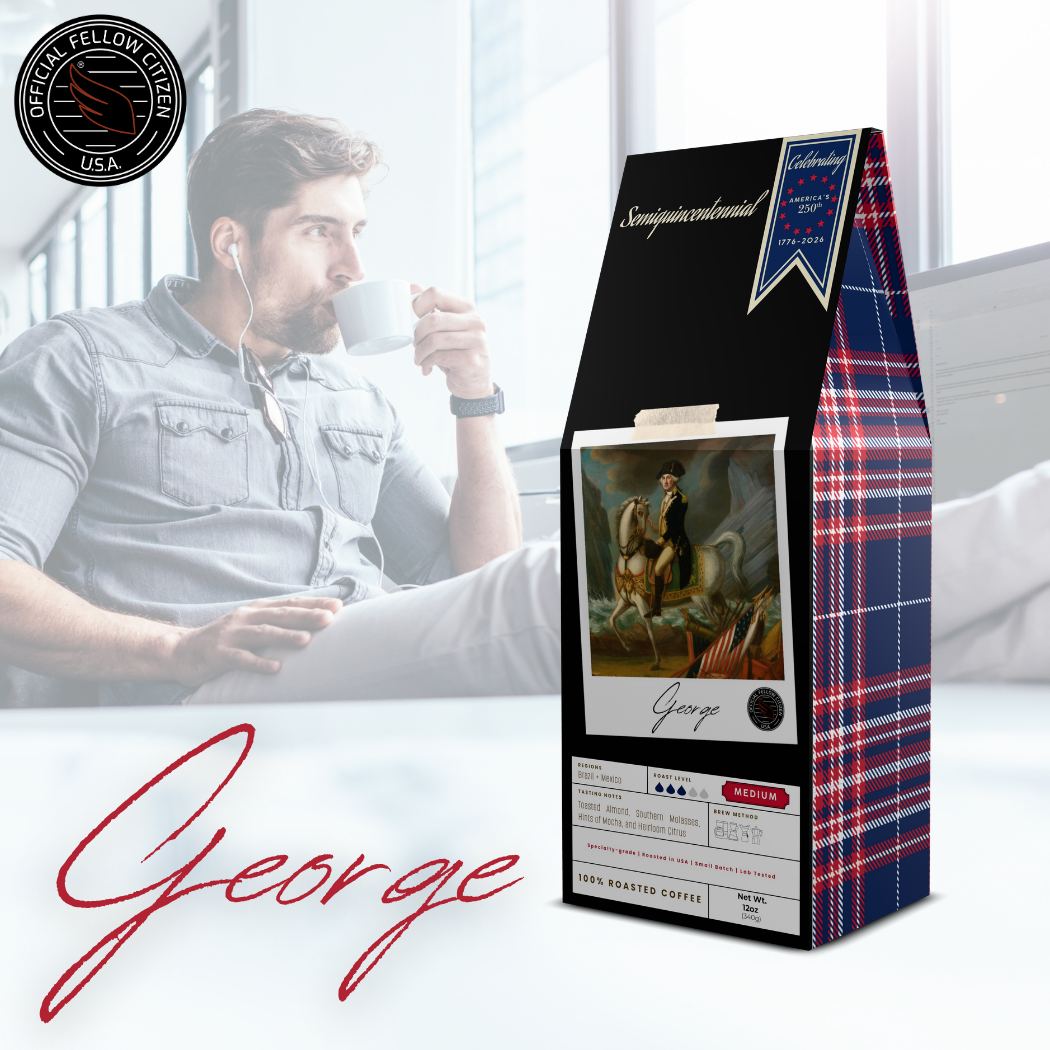 A man wearing sipping a cup of George specialty coffee with his feet propped on his desk. A box of George coffee is on top of the desk. "Official Fellow Citizen" seal logo
