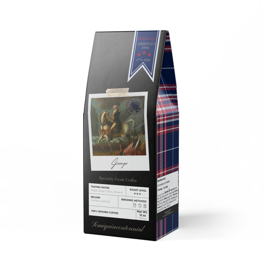 Specialty coffee bag celebrating America 250 with George Washington historic polaroid.