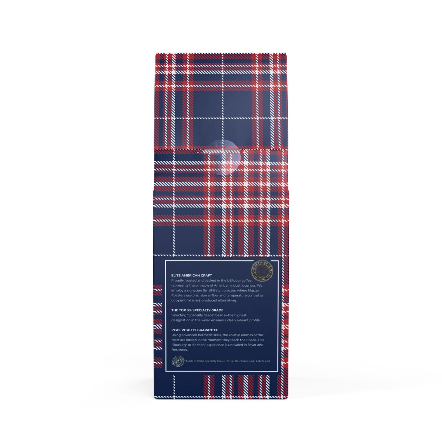 Plaid patterned product packaging with a blue label on a white background