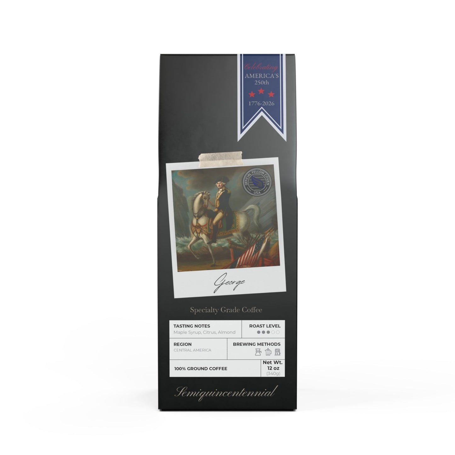 Specialty coffee package celebrating America 250 with historic polaroid of George Washington.