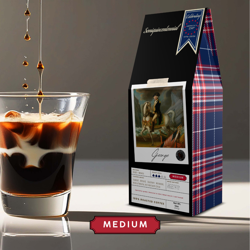 Photorealistic image of iced coffee next to a box of George coffee with "Official Fellow Citizen" seal and Polaroid frame of George Washington on his horse. 