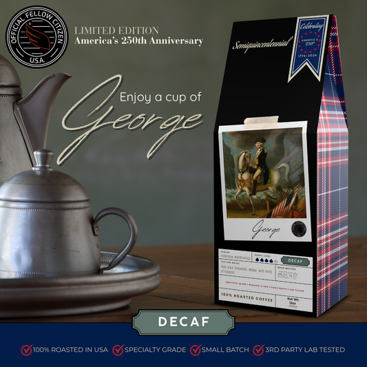 Pewter Coffee Pot set with a box of decaf George coffee on a wood table. "Official Fellow Citizen" seal. "Limited Edition: America's 250th Anniversary". 