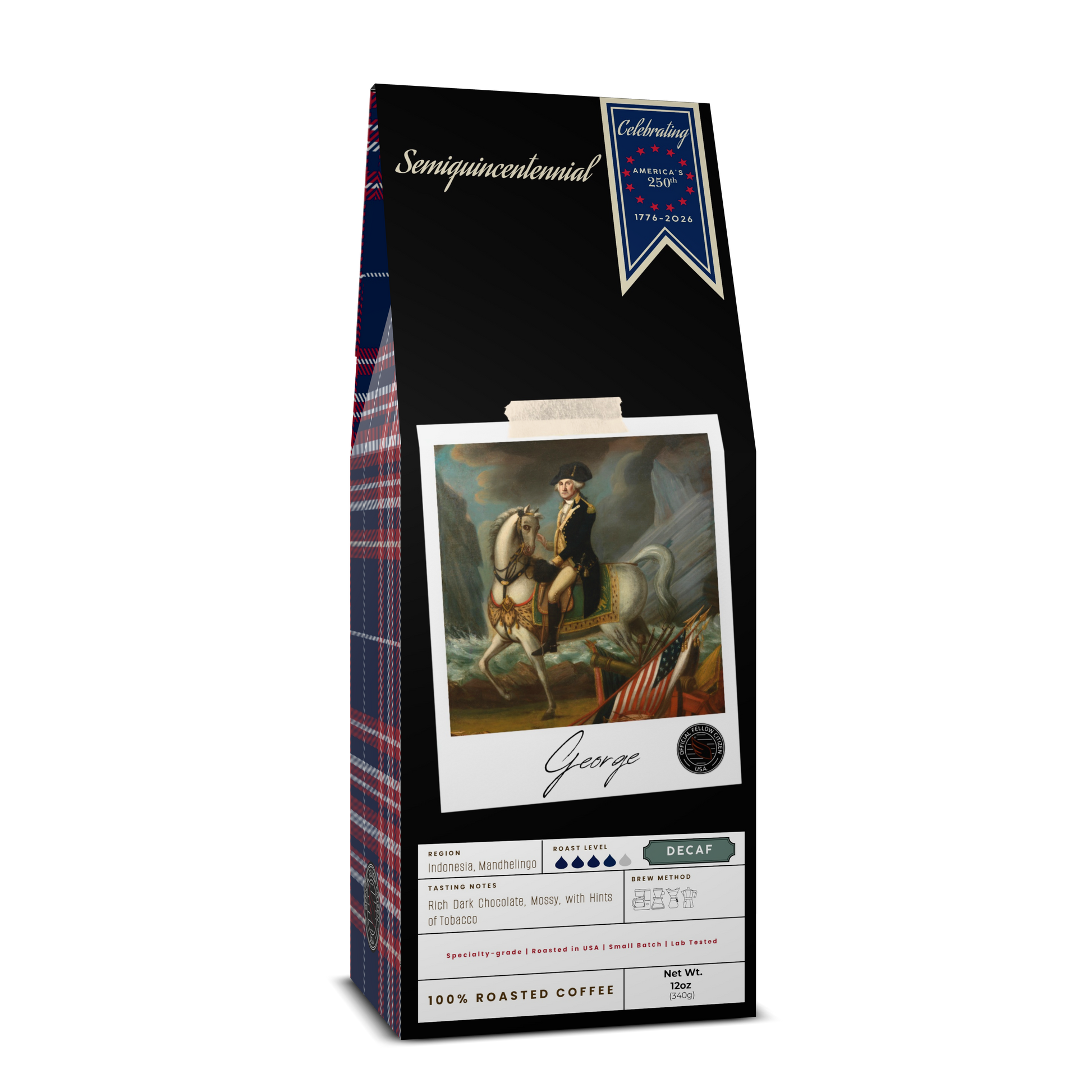Product image of George Coffee, decaf blend. Limited edition packaging with Polaroid framed portrait of George Washington on horse celebrating "America's 250th Semiquincentennial"