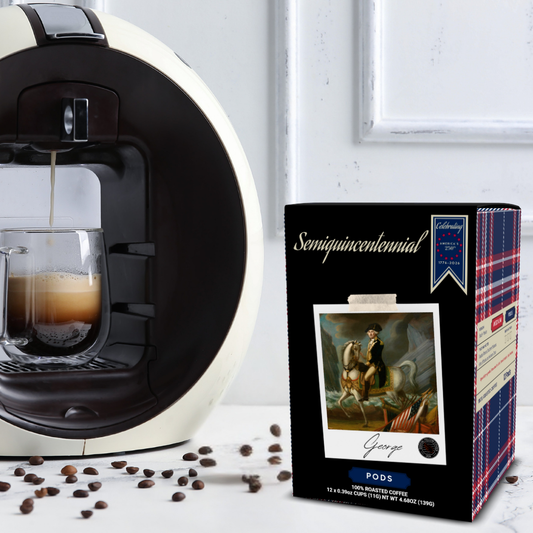 Futuristic coffee maker with a box of George Coffee pods "Semiquincentennial"