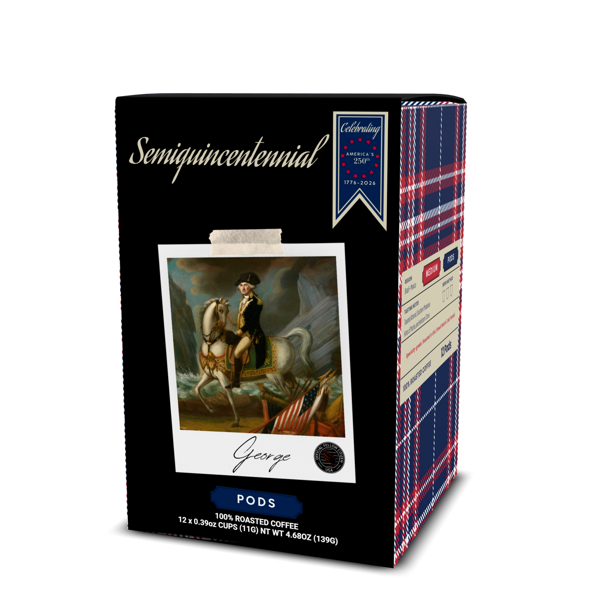 Product packaging of George Coffee Pods. Red white blue plaid on sides with a black front showing a Polaroid framed image of George Washington on his horse.  Celebrating "America's 250th Semiquincentennial". 