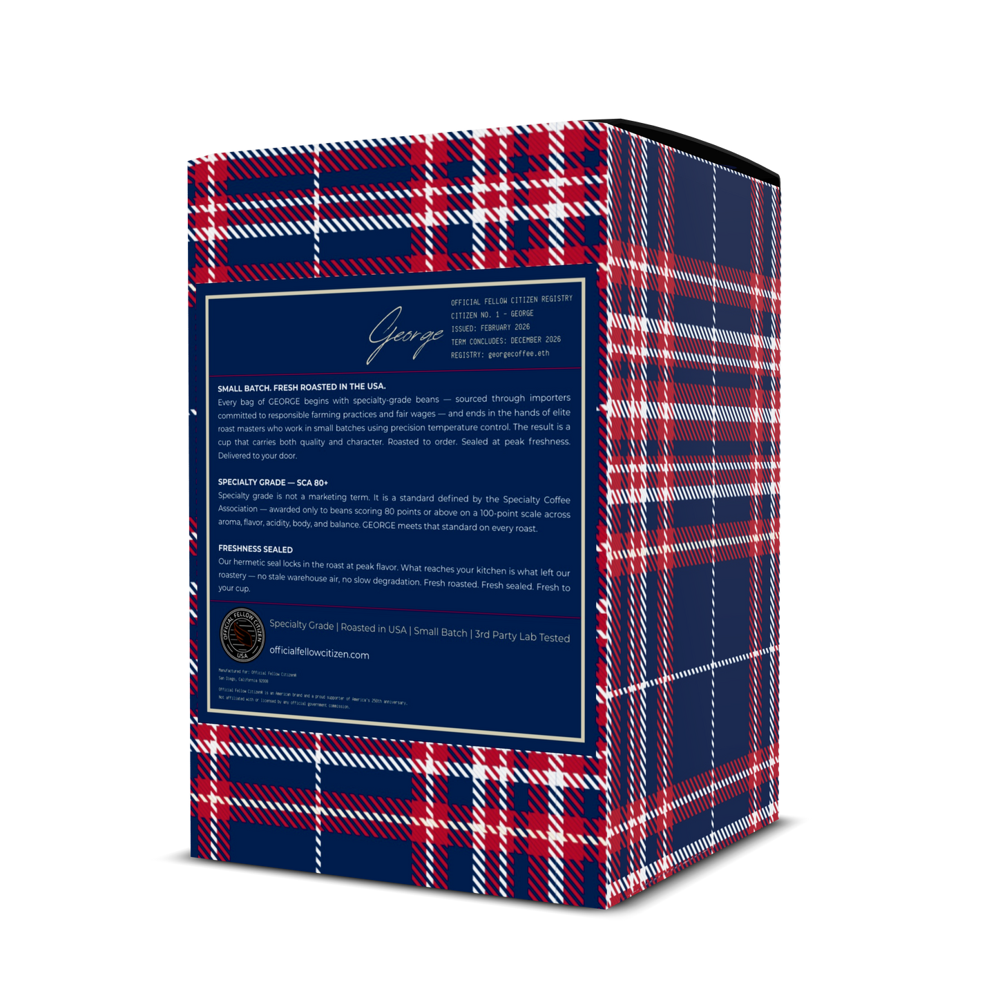 Product packaging of George Coffee Pods. Red white blue plaid on sides with navy blue back product description "Official Fellow Citizen Registry" stamp.