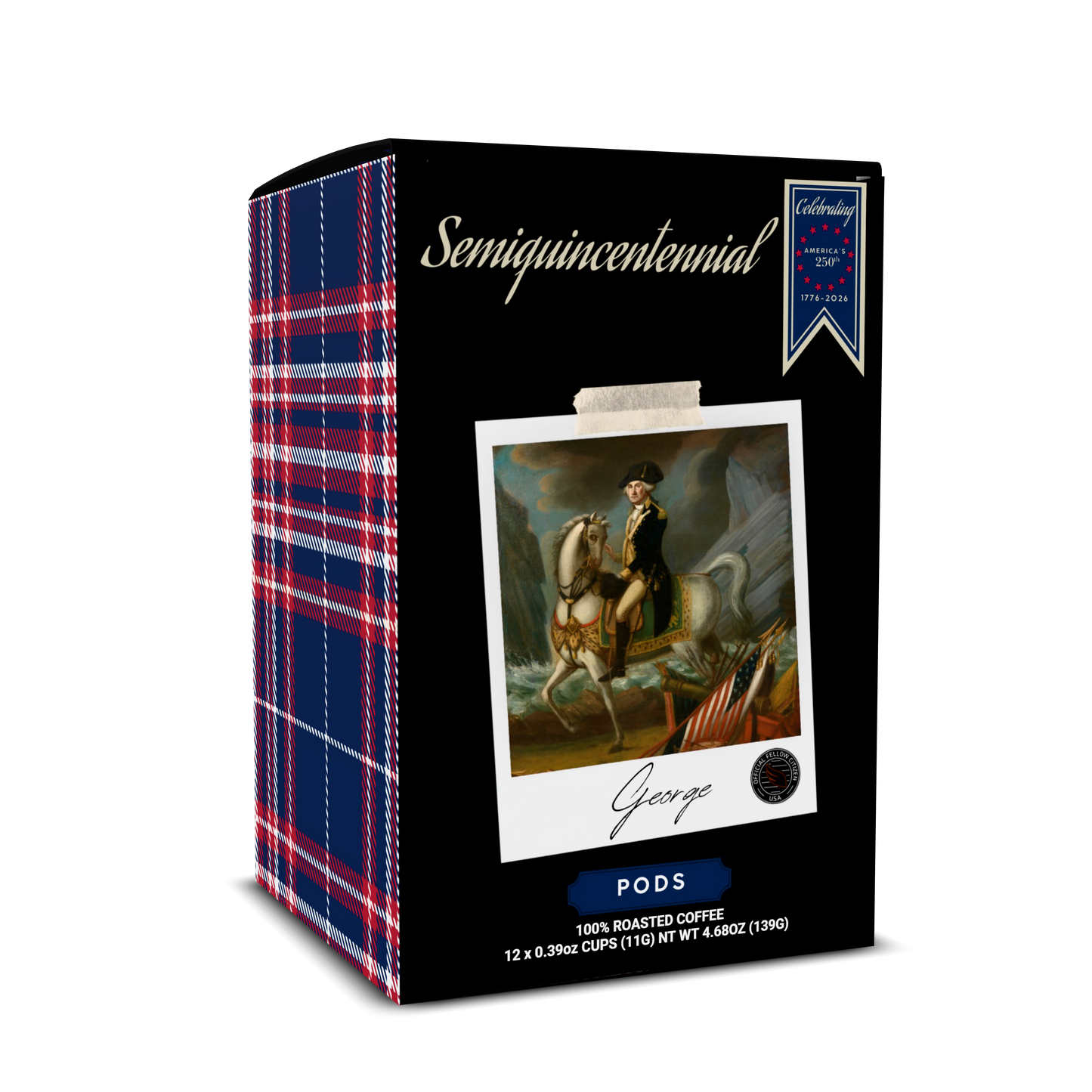 Product packaging of George Coffee Pods. Red white blue plaid on sides with a black front showing a Polaroid framed image of George Washington on his horse.  Celebrating "America's 250th Semiquincentennial"