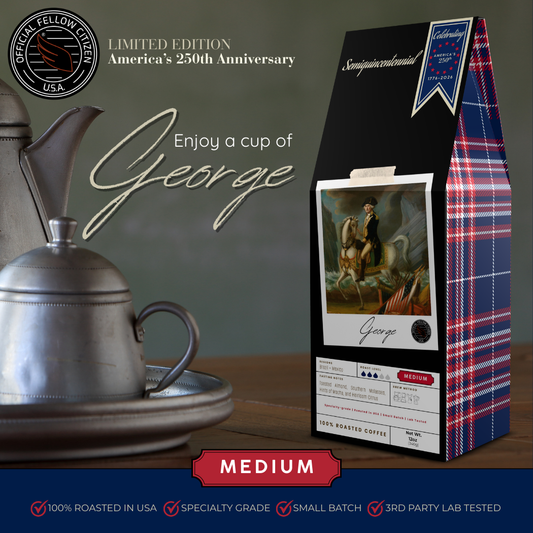 Pewter coffee pot and sugar bowl on wood table with a box of "George" specialty coffee "Semiquincentennial" celebrating America's 250th Anniversary "Limited Edition"