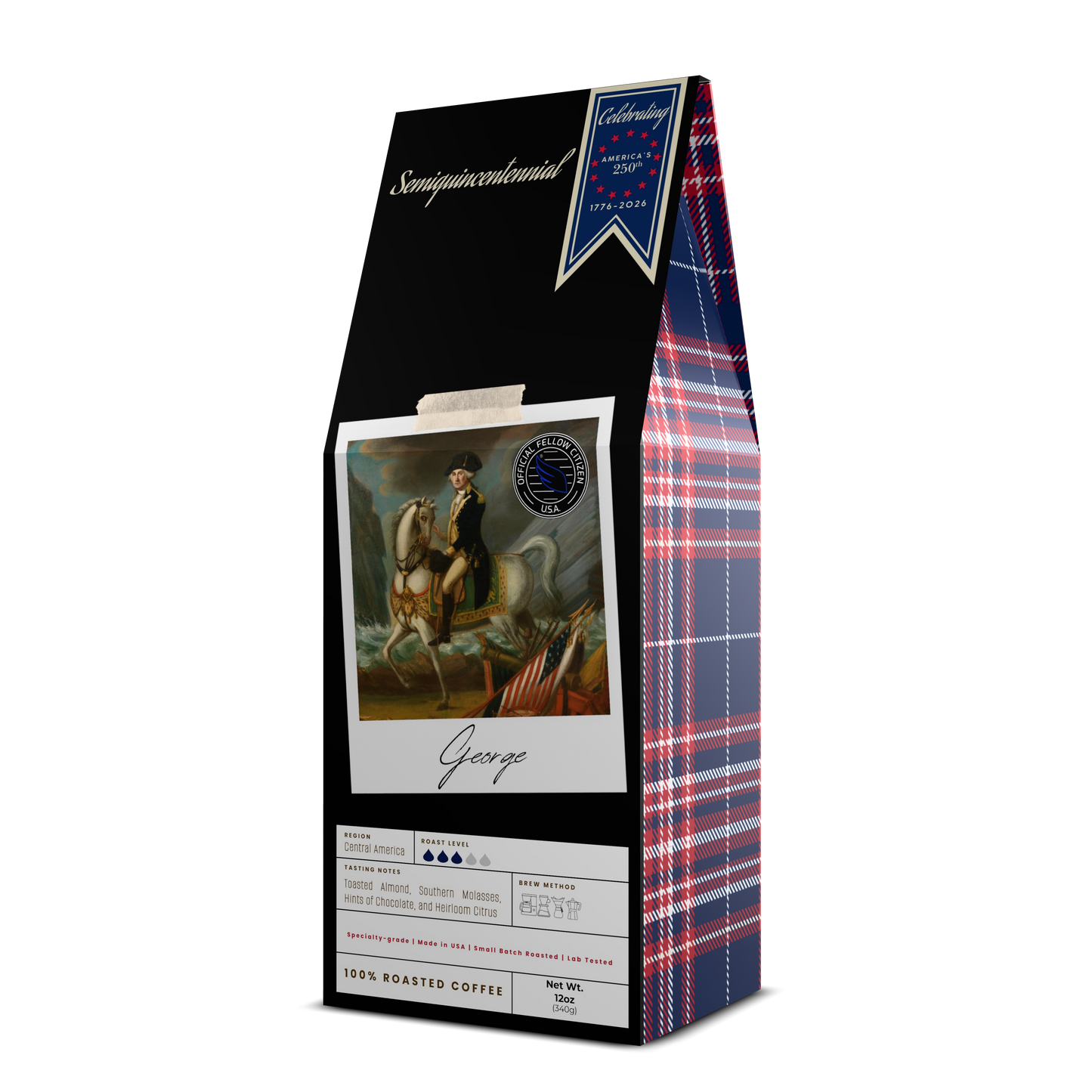 Specialty coffee packaging celebrating America 250 with historic image of George Washington in Polaroid "Semiquincentennial" approved seal by Official Fellow Citizen. Made in USA marking.