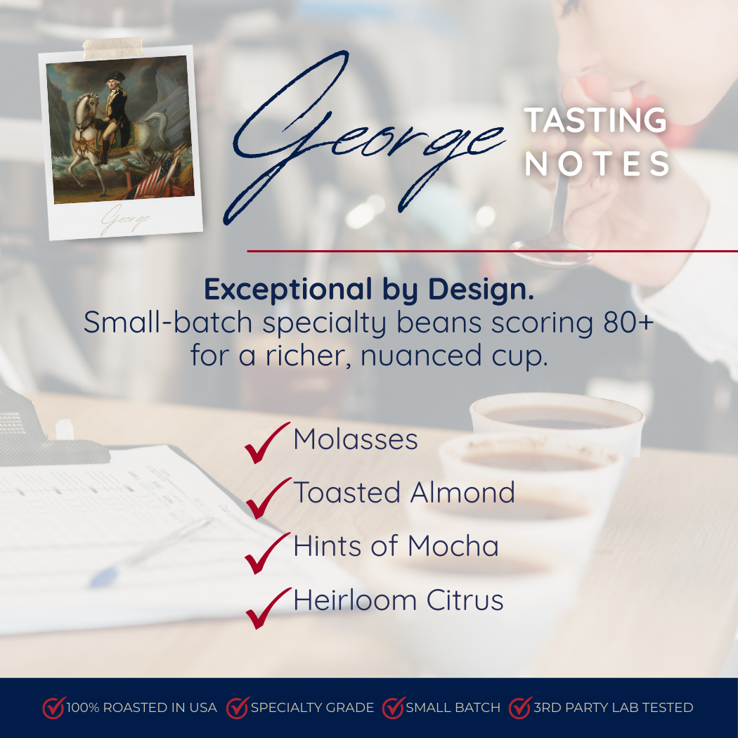 Tasting notes of George Coffee "molasses, toasted almond, hints of mocha, heirloom citrus" with an image of a woman conducting a professional tasting.