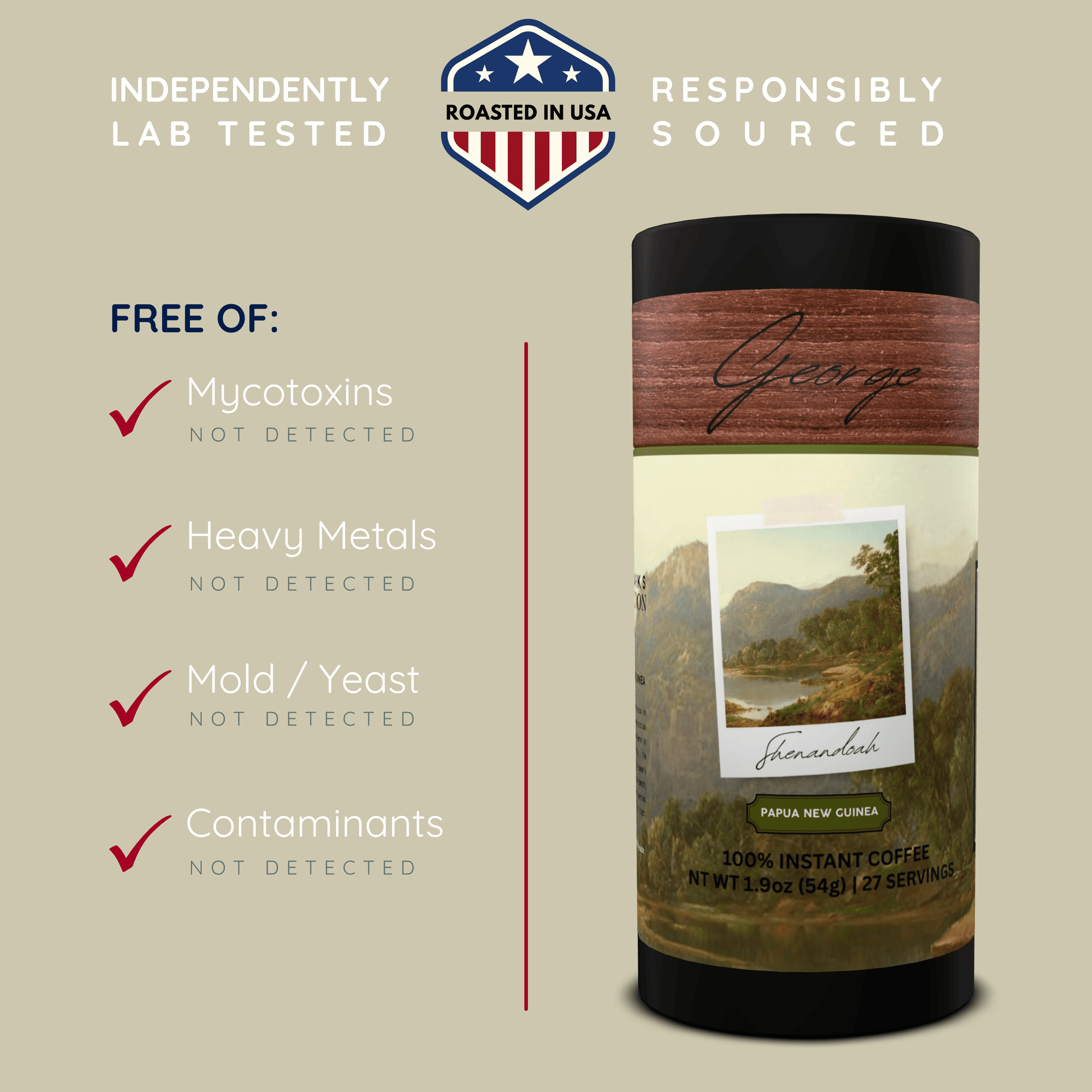 Graphic showing GEORGE Papua New Guinea instant coffee independently lab tested and free of mycotoxins, heavy metals, mold, yeast, and contaminants - Certified by Mintall.