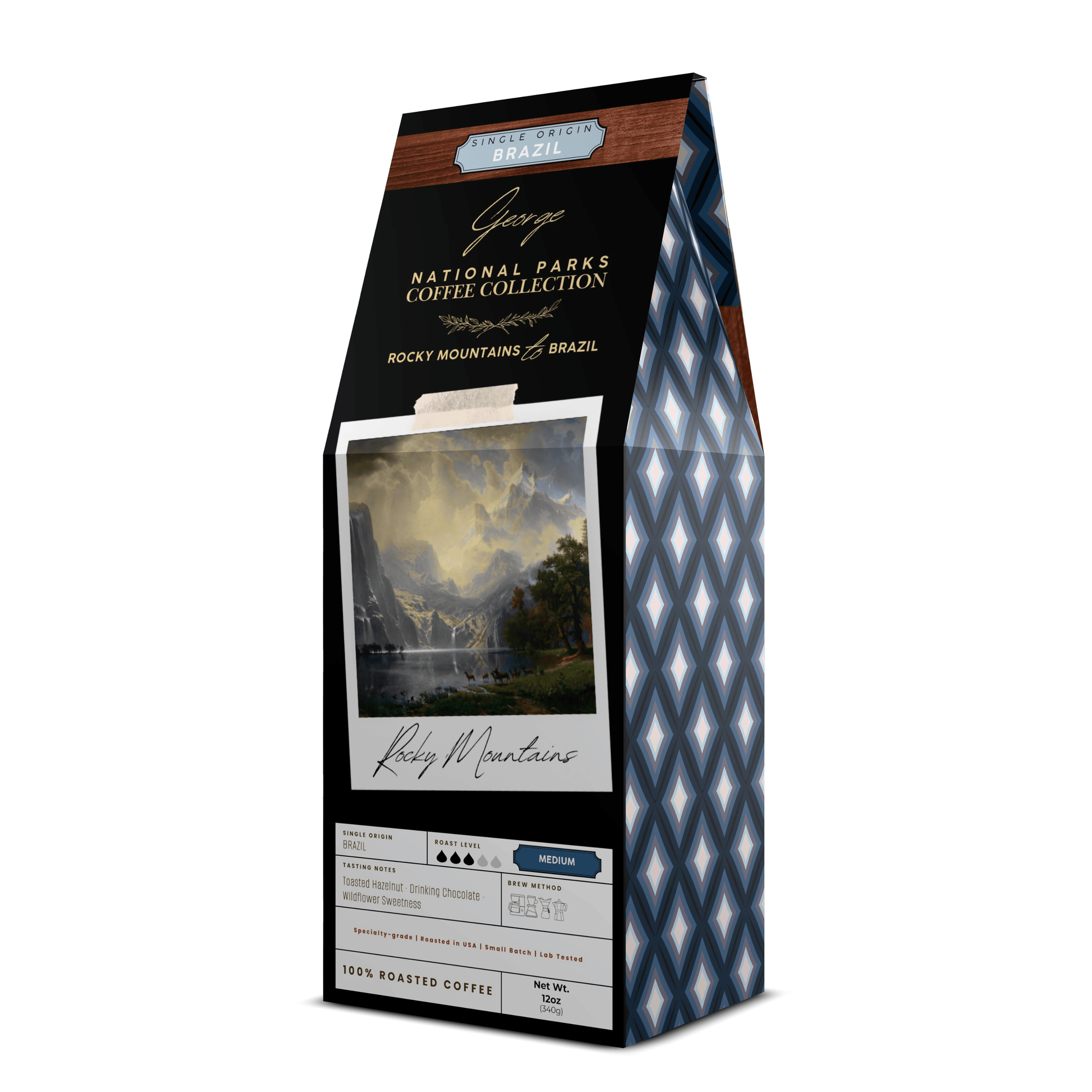 Single-origin specialty coffee from Brazil in collectible GEORGE National Parks Collection packaging by Official Fellow Citizen. Gift ready package front - Certified by Mintall.