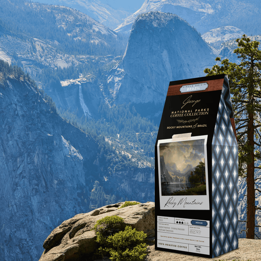 Single-origin specialty coffee from Brazil in collectible GEORGE National Parks Collection packaging by Official Fellow Citizen. Nature scene in background.