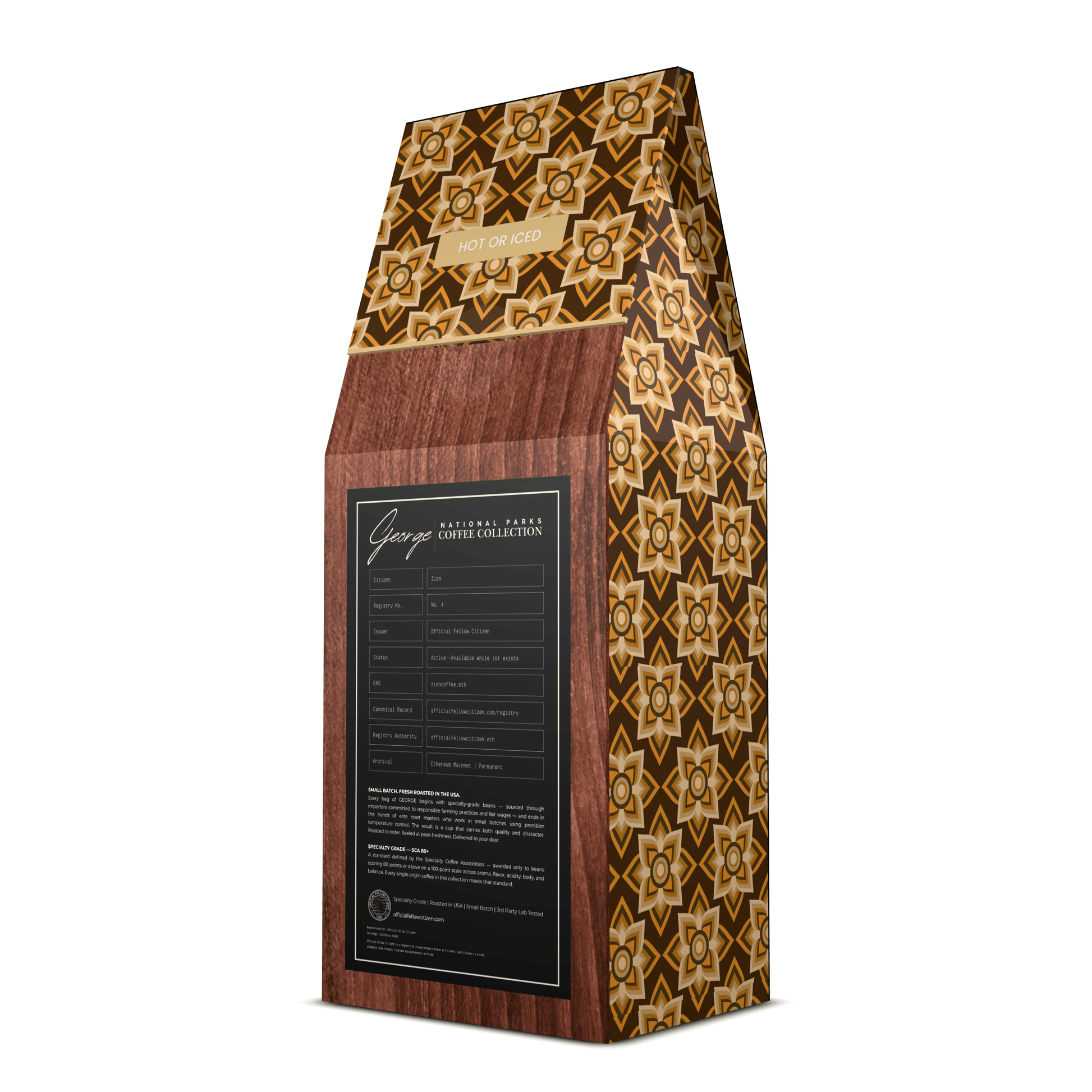 Single-origin specialty coffee from Guatemala in collectible GEORGE National Parks Collection packaging by Official Fellow Citizen. Gift ready packaging back. - Certified by Mintall.