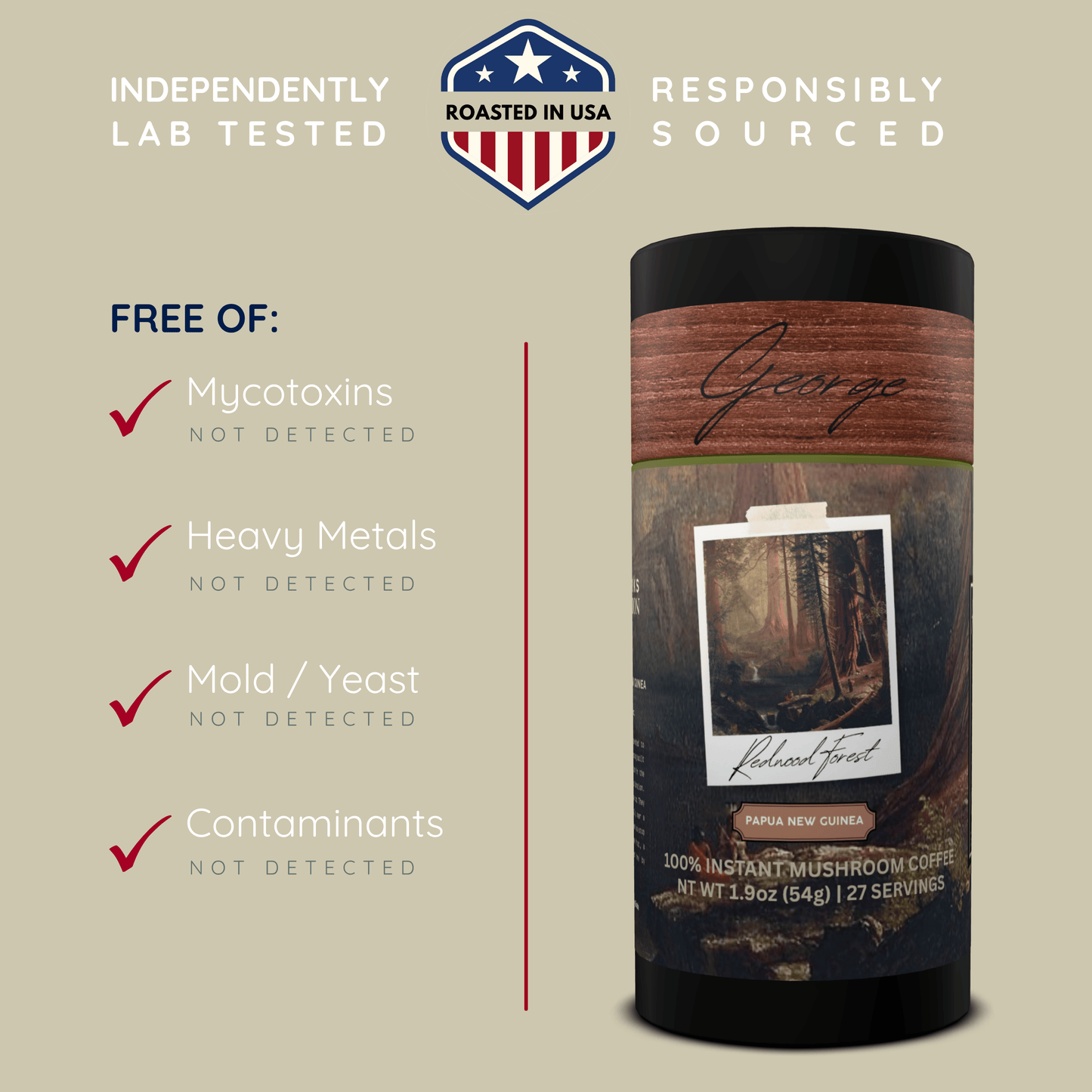 Mushroom coffee with lion’s mane and chaga from Papua New Guinea in collectible GEORGE National Parks Collection tube packaging by Official Fellow Citizen. Graphic showing  independently lab tested and free of mycotoxins, heavy metals, mold, yeast, and contaminants - Certified by Mintall.