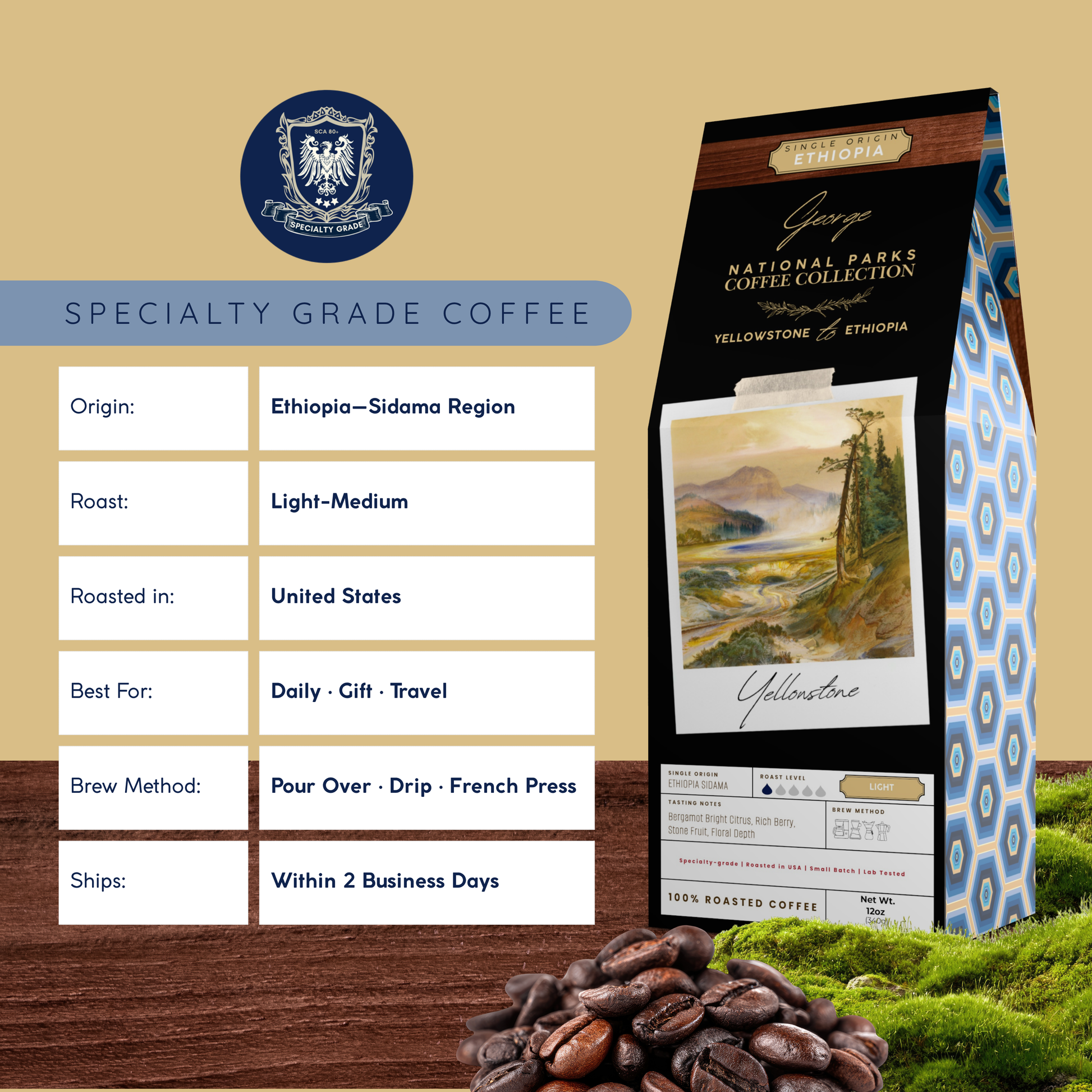 Single-origin specialty coffee from Ethiopia Sidama in collectible GEORGE National Parks Collection packaging by Official Fellow Citizen. Specifications. - Certified by Mintall.