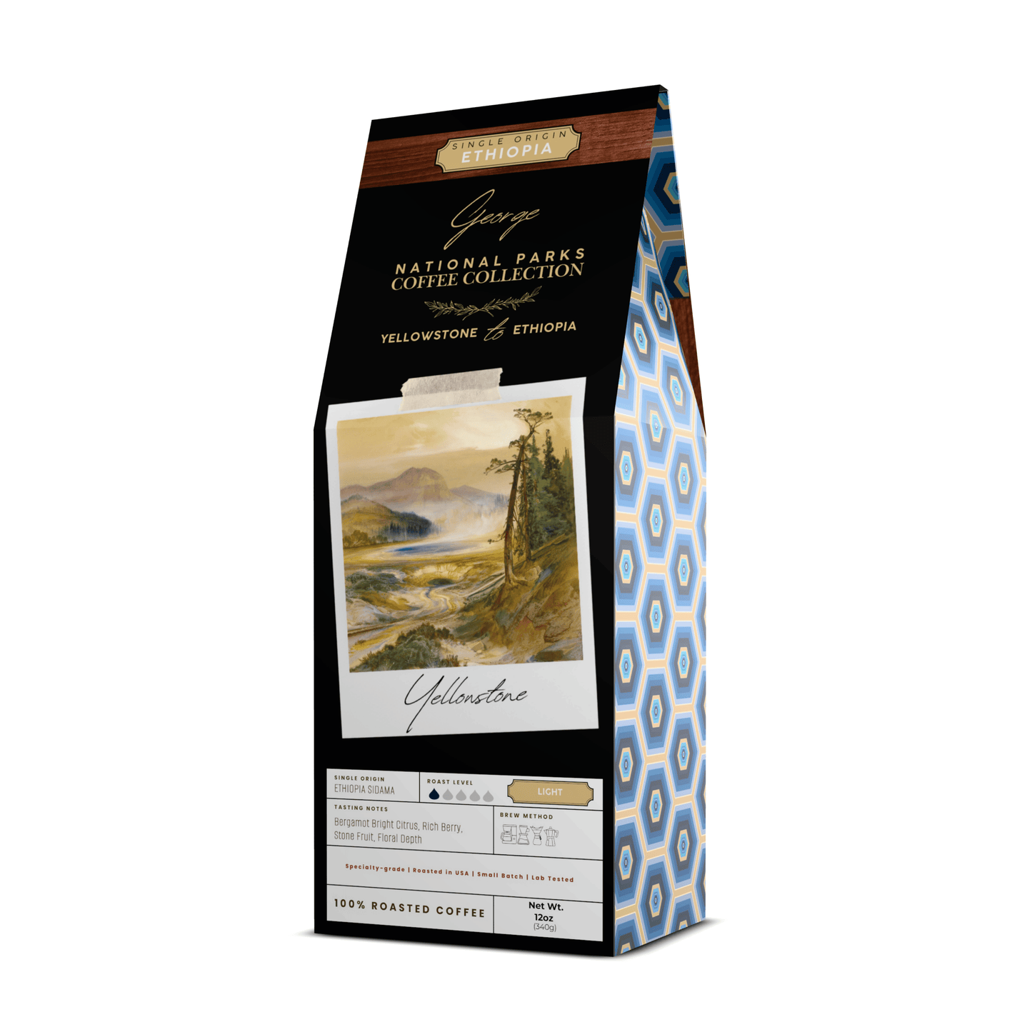 Single-origin specialty coffee from Ethiopia Sidama in collectible GEORGE National Parks Collection packaging by Official Fellow Citizen. Gift ready package front. - Certified by Mintall.