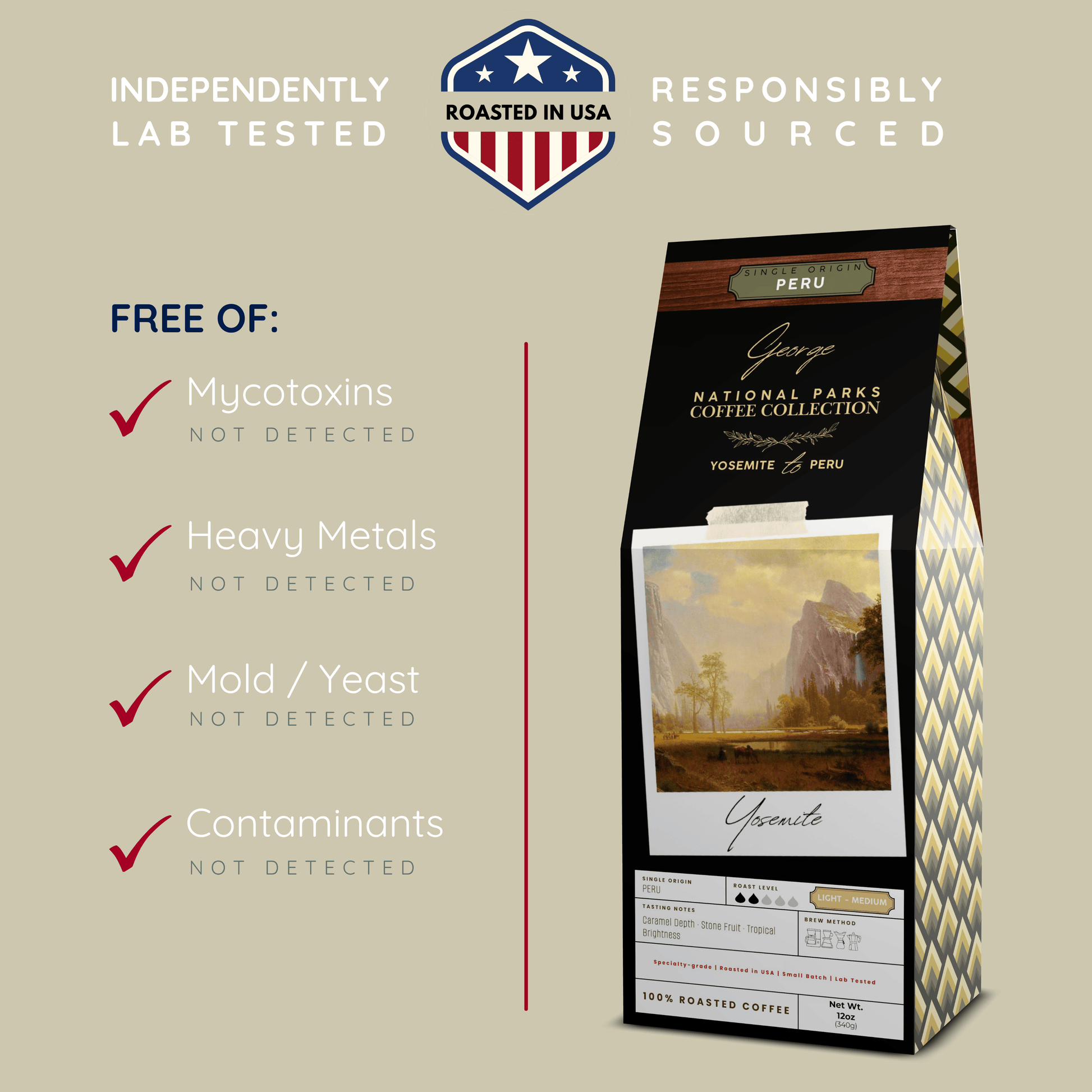 Graphic showing GEORGE Peru coffee independently lab tested and free of mycotoxins, heavy metals, mold, yeast, and contaminants. Roasted in USA - Certified by Mintall.